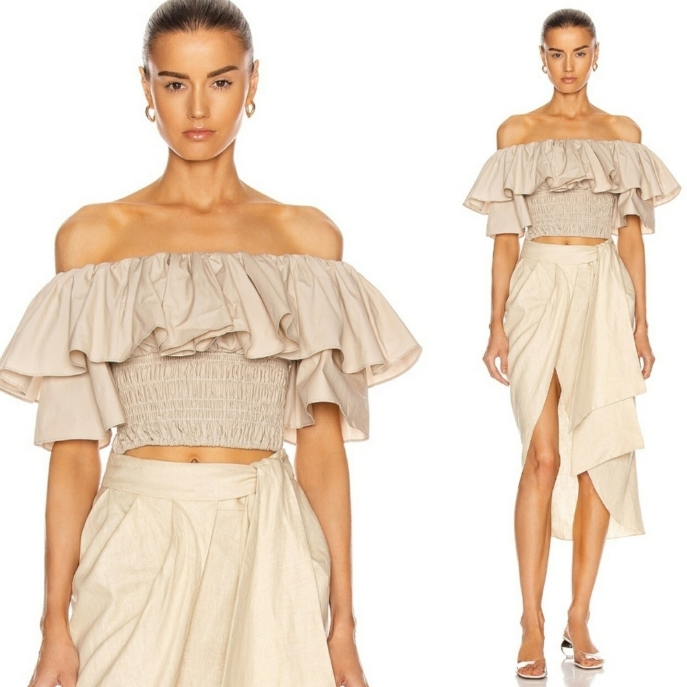 SELF-PORTRAIT- Ruffle Off Shoulder Cotton Poplin Top